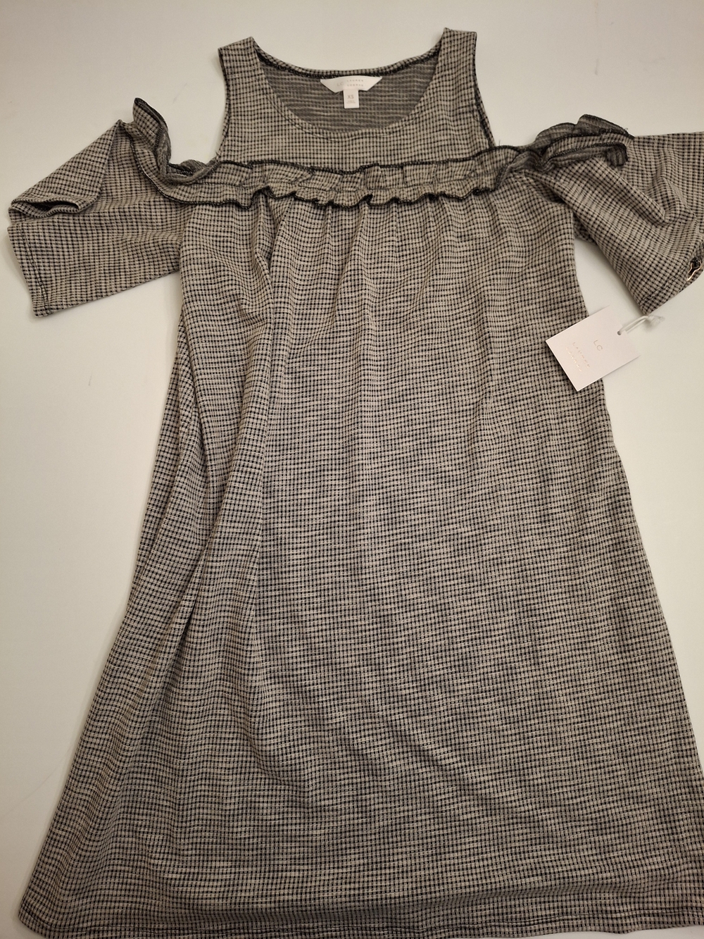 LC Lauren Conrad Black and Cream Checked Cold-Shoulder Dress